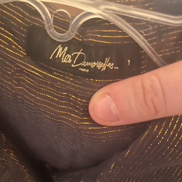 Mes Demoiselles Metallic Striped Tie Front Button Up Blouse in Black & Gold - Picture 2 of 6